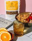 Nurture herbal tea. Organic herbal tea. Coffee replacement, caffeine-free. Dandelion root, dried orange peel, lemon balm, rosemary. Tea for digestion. Tea for energy. Herbal infusion. Breakfast. Morning. Energy.