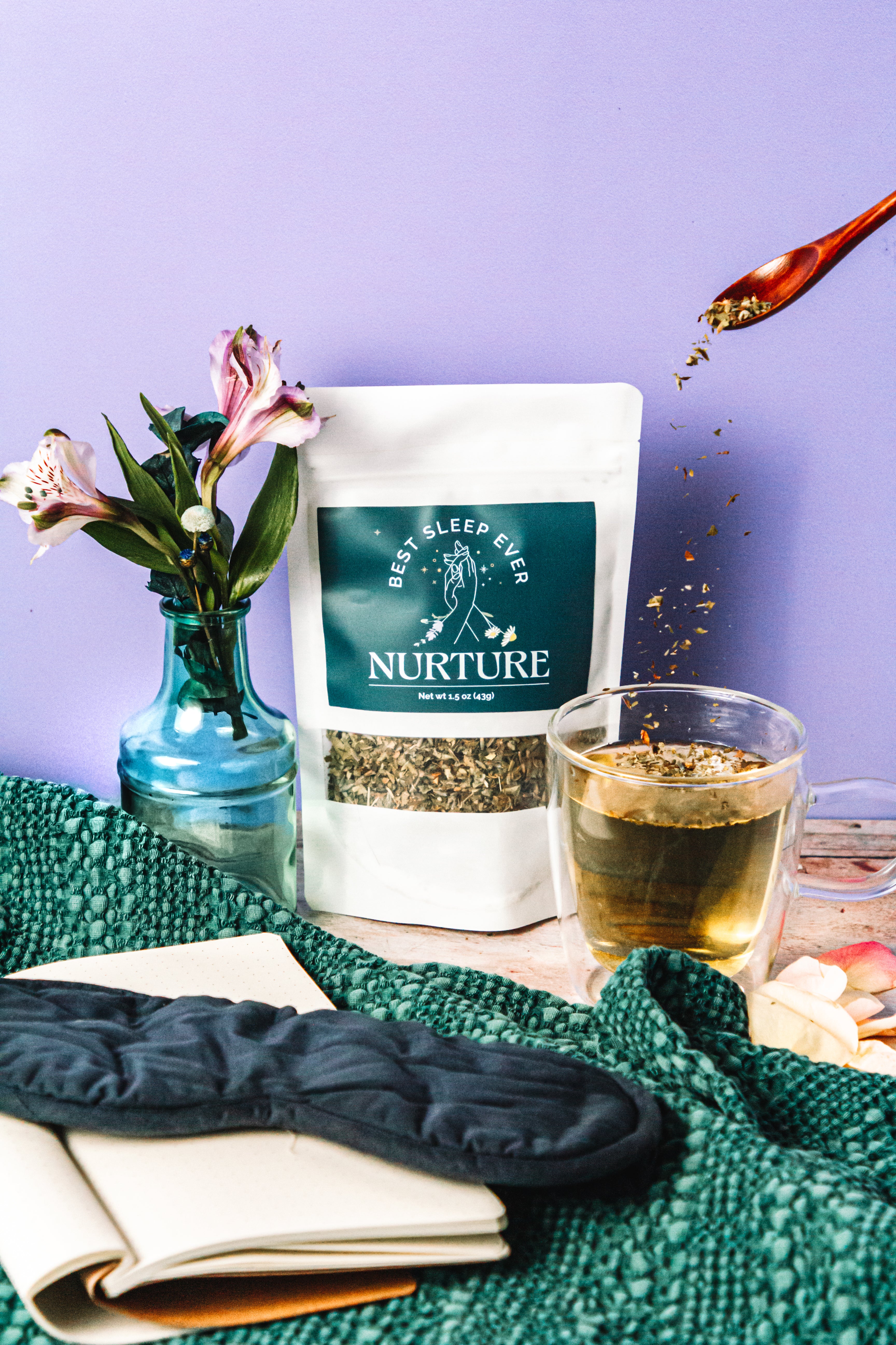 Nurture herbal tea. Best Sleep Ever Herbal Tea peppermint, marshmallow leaf, catnip, skullcap, sleeping, sleep aid, sleep support, dreams, dreaming, lavender. Herbal infusion.