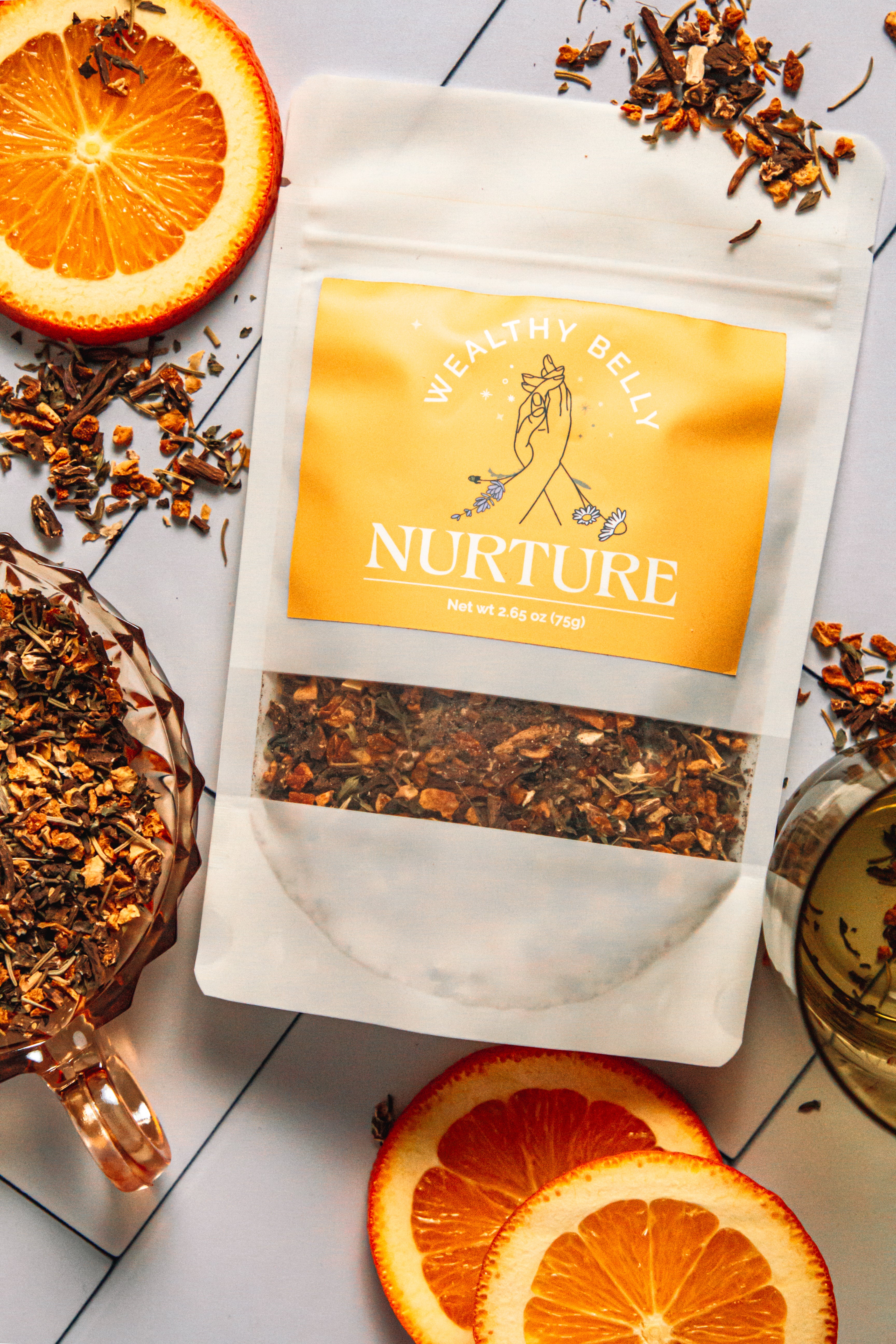 Nurture herbal tea. Organic herbal tea. Coffee replacement, caffeine-free. Dandelion root, dried orange peel, lemon balm, rosemary. Tea for digestion. Tea for energy.